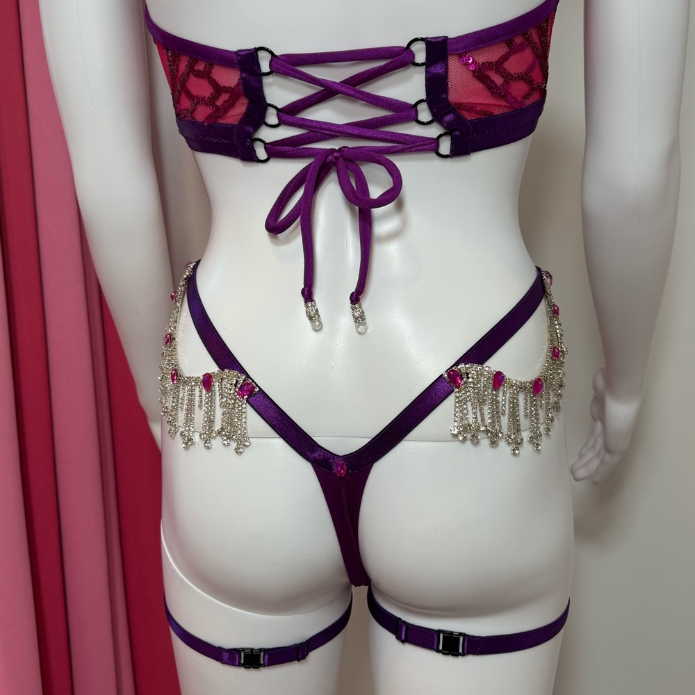 Pink & Purple Sequin Rhinestone Burlesque 5 Piece Lingerie Set XS/XS Hand Sewn - Picture 8 of 17